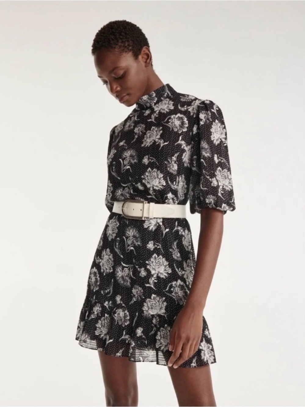 The Kooples Black and White Floral High-Neck Mini Dress